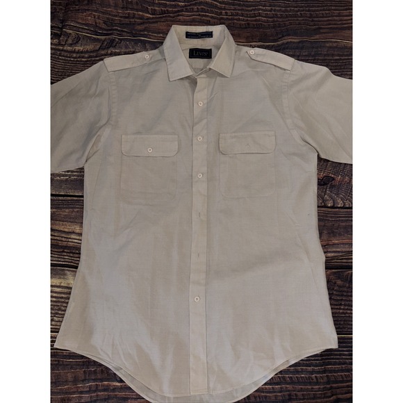 Levis Shirt Mens M Beige Solid Button Up Vintage Cotton Work Wear Logo 90s - Picture 2 of 5